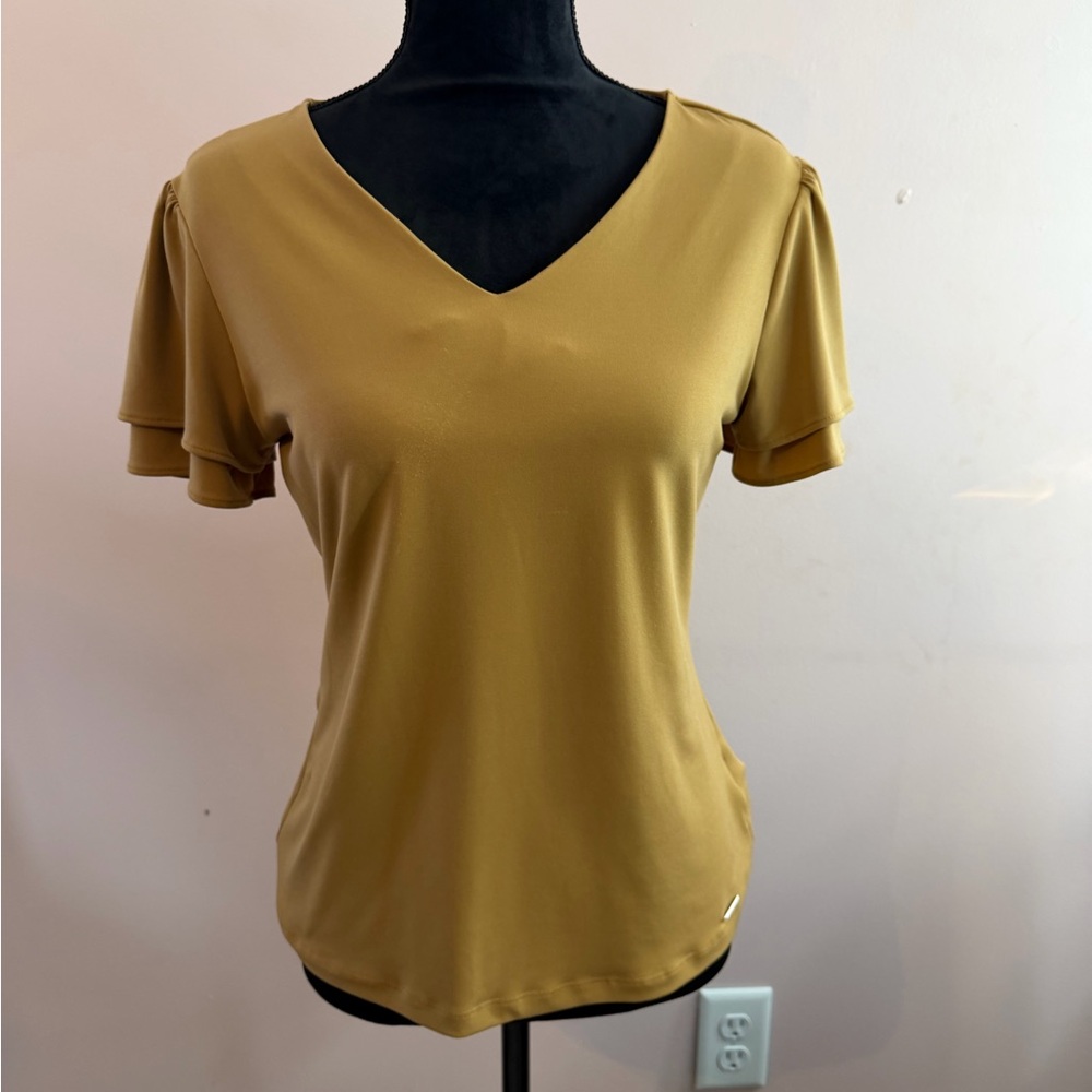 Calvin Klein Mustard Yellow Flutter Sleeve Top Size Small V-Neck Blouse